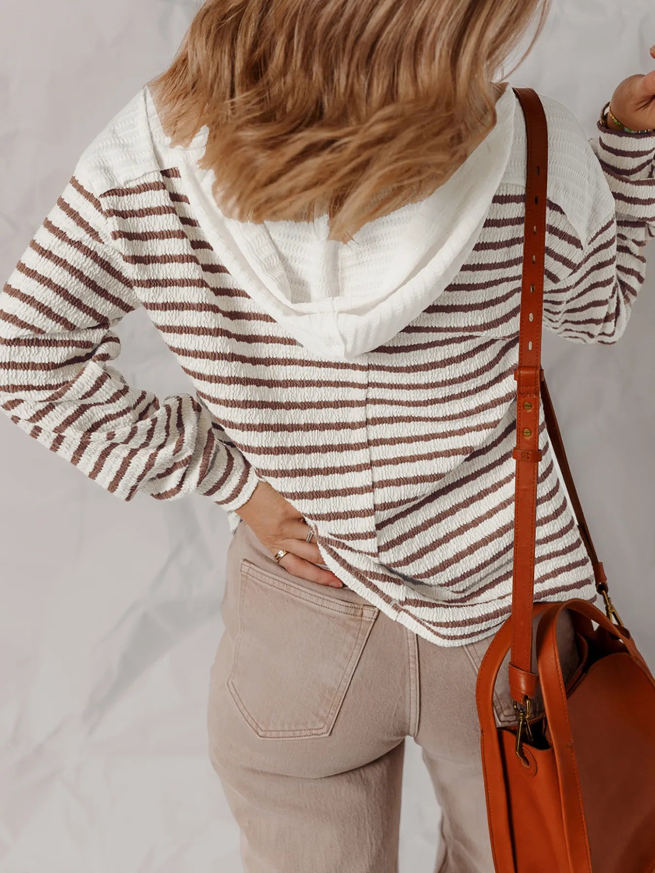 Trendy Striped V-Neck Long Sleeve Knit Hoodie with Buttoned Detail and Stretchy Comfort