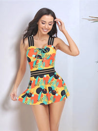 Ruched Printed Sweetheart Neck Two-Piece Swim Set Sherbet
