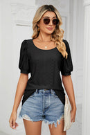 Trendsi Eyelet Puff Sleeve Top - Casual Solid Round Neck Design for Stylish Comfort - Store 42