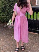 Plaid V-Neck Puff Sleeve Dress Fuchsia Pink