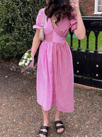 Plaid V-Neck Puff Sleeve Dress Fuchsia Pink