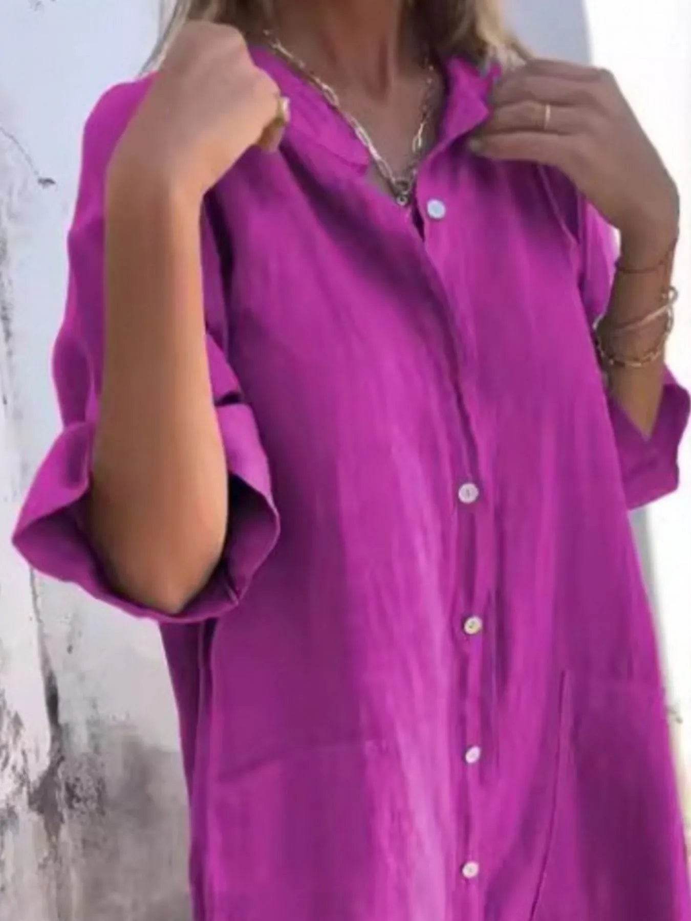 Full Size Casual Linen Button-Down Shirt Dress Plus Size - Store 42