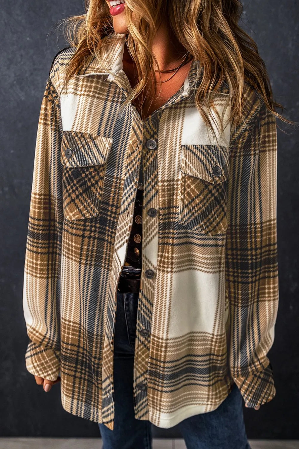 Plaid Button-Up Long Sleeve Shacket - 100% Polyester, Normal Thickness, Unlined Design