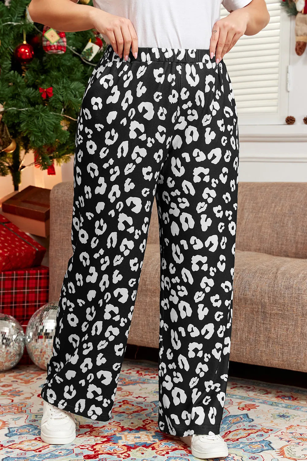 Plus Size Leopard Print Pants with Elastic Waist, Opaque Fabric, Comfortable Fit for Everyday Style