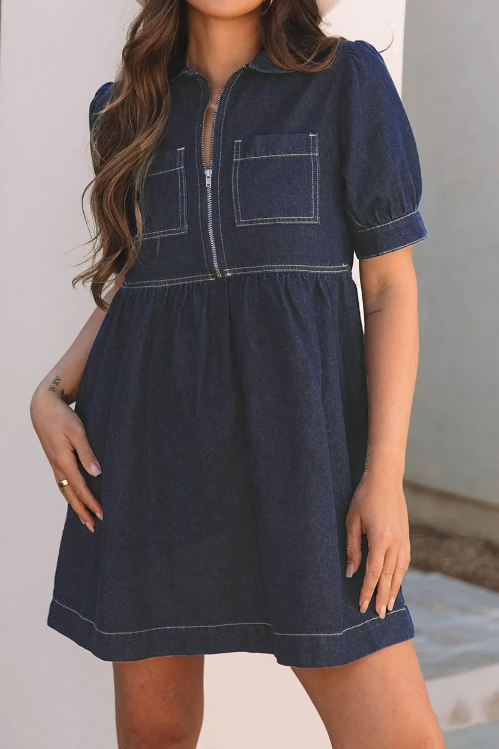 Collared Neck Half Zip Denim Dress