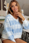 BiBi Hashtag Grid Textured V-Neck Sweater BLUE COMBO