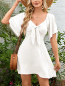 Smocked Back Knotted Flutter Sleeve Dress White
