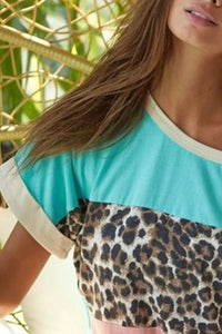 BiBi Leopard Printed Jersey Color Block Roll Up Top - Store 42