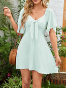 Smocked Back Knotted Flutter Sleeve Dress