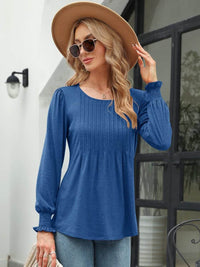 Stylish Smocked Round Neck Blouse With Lantern Sleeves - Opaque 65% Rayon, 35% Polyester - Store 42