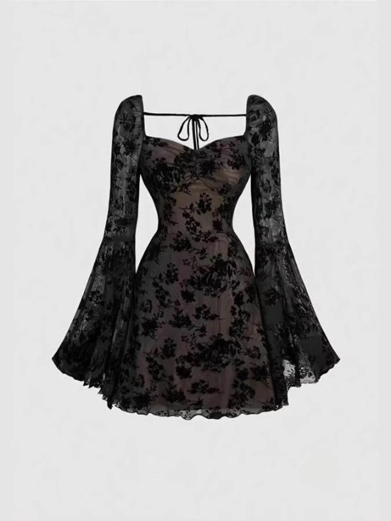 Elegant Lace Flare Sleeve Mini Dress with Tied Detail – Perfect for Any Occasion
