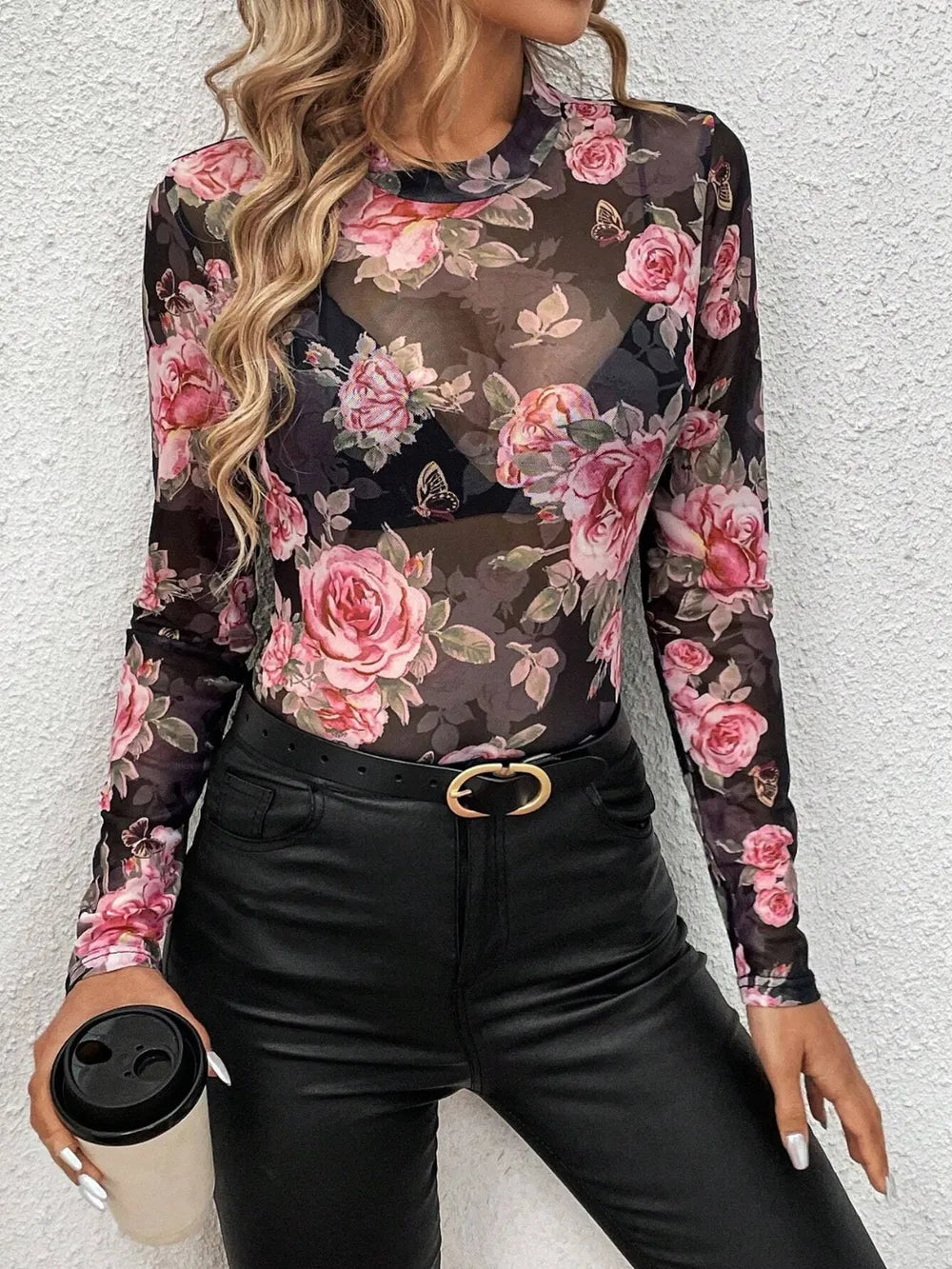 Women’s Semi-Sheer Mesh Floral Mock Neck Long Sleeve Top, Slightly Stretchy, Stylish Design