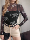Printed Mock Neck Long Sleeve Mesh T-Shirt Black