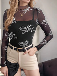Printed Mock Neck Long Sleeve Mesh T-Shirt Black