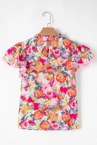 Lace Trim Ruffle Cap Sleeve Floral Blouse