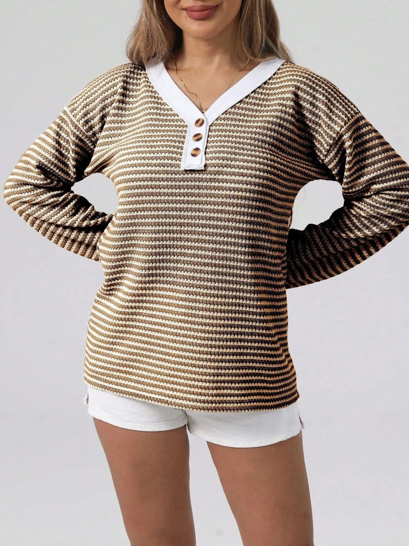 Trendsi Striped Long Sleeve Top with Button Detail - Slightly Stretchy Ribbed Fabric