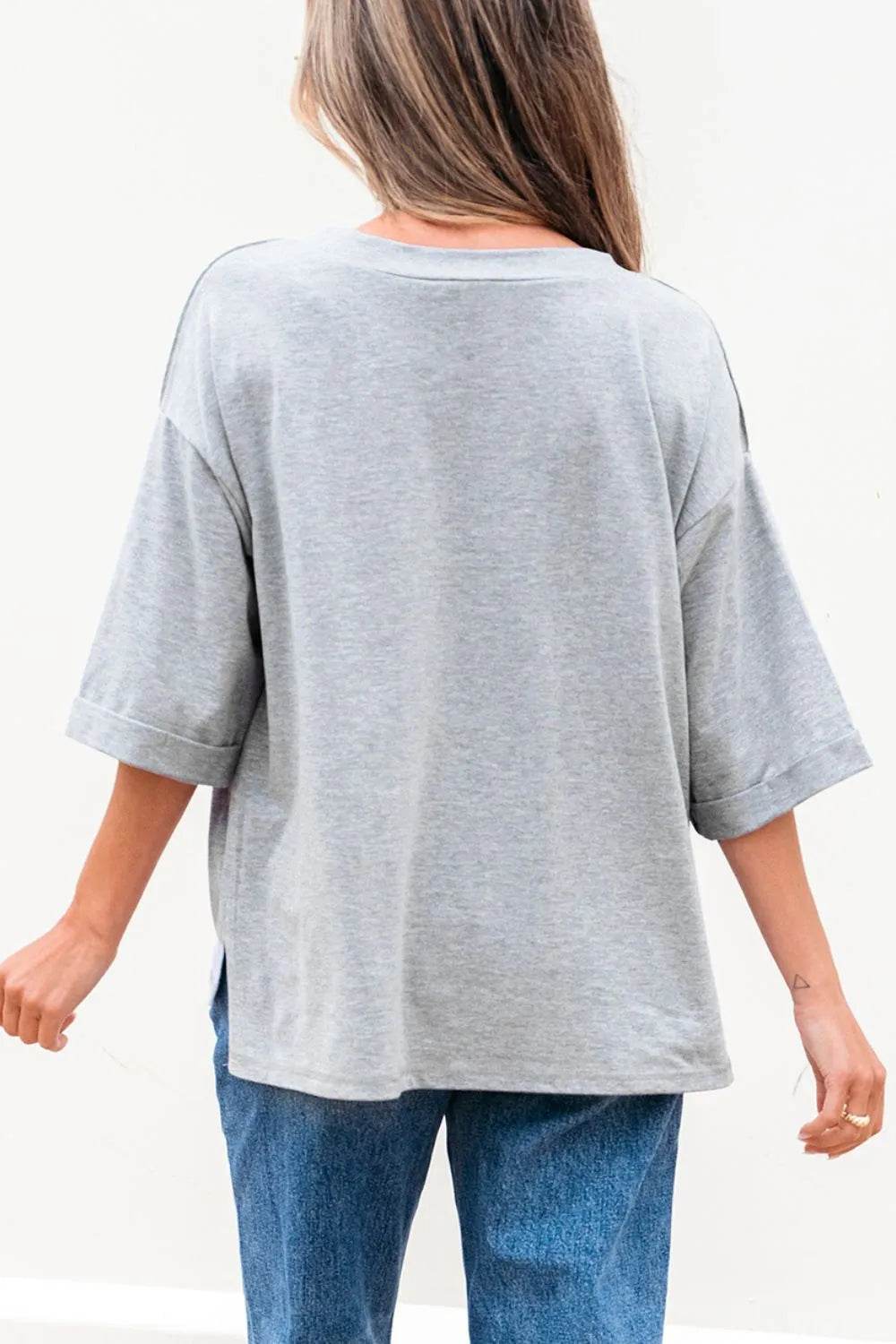 Trendy High Raglan V Neck Oversized T Shirt - Half Sleeve, Stretchy Fabric, Casual Chic - Store 42