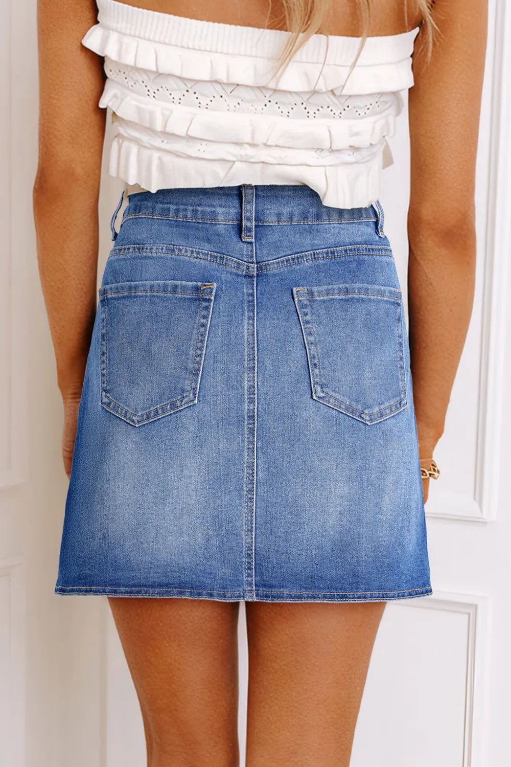 Stylish Wrapped Crossed Waist Denim Mini Skirt with Pockets - Classic Cotton Blend