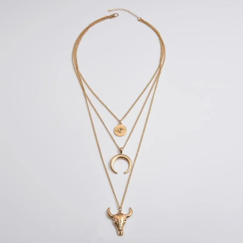 Alloy Bull Head Pendant Necklace - Three-Layered Design, Silver & 9K Gold-Plated, 14.96 to 21.25 In