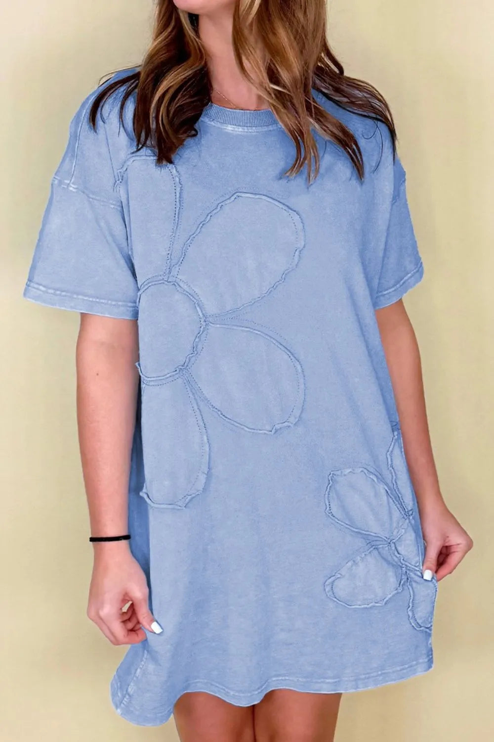 Floral Round Neck Short Sleeve T-Shirt Dress with Pockets - 100% Cotton, Slightly Stretchy