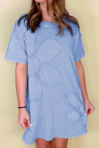 Floral Round Neck Short Sleeve T-Shirt Dress Light Blue