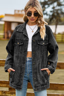 Buttoned Collared Neck Denim Jacket with Pockets Black