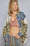 POL Lace Patchwork Plaid Oversized Shirt Sage