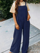 Full Size Casual Wide Leg Textured Overalls Plus Size Dark Blue
