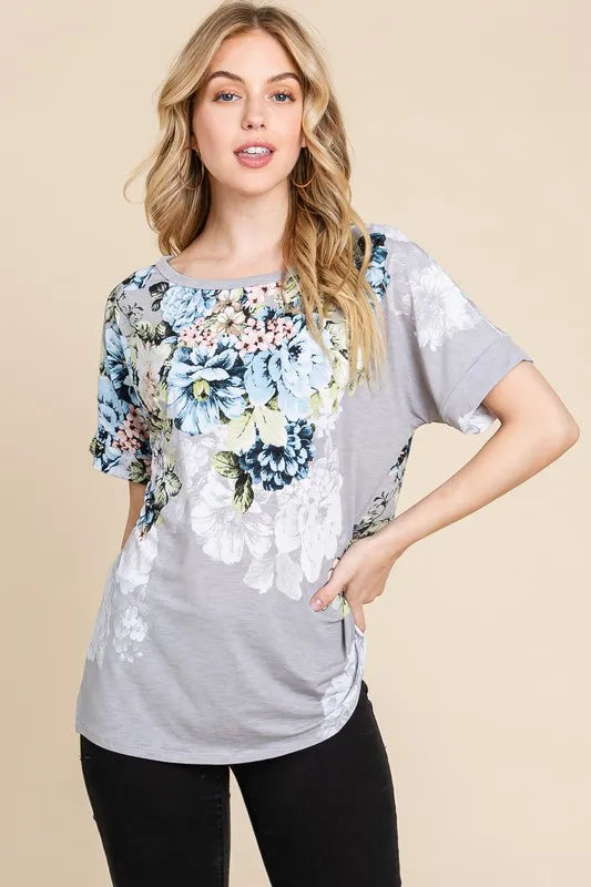 BOMBOM Floral Round Neck Short Sleeve T-Shirt - Opaque & Slightly Stretchy for Casual Style