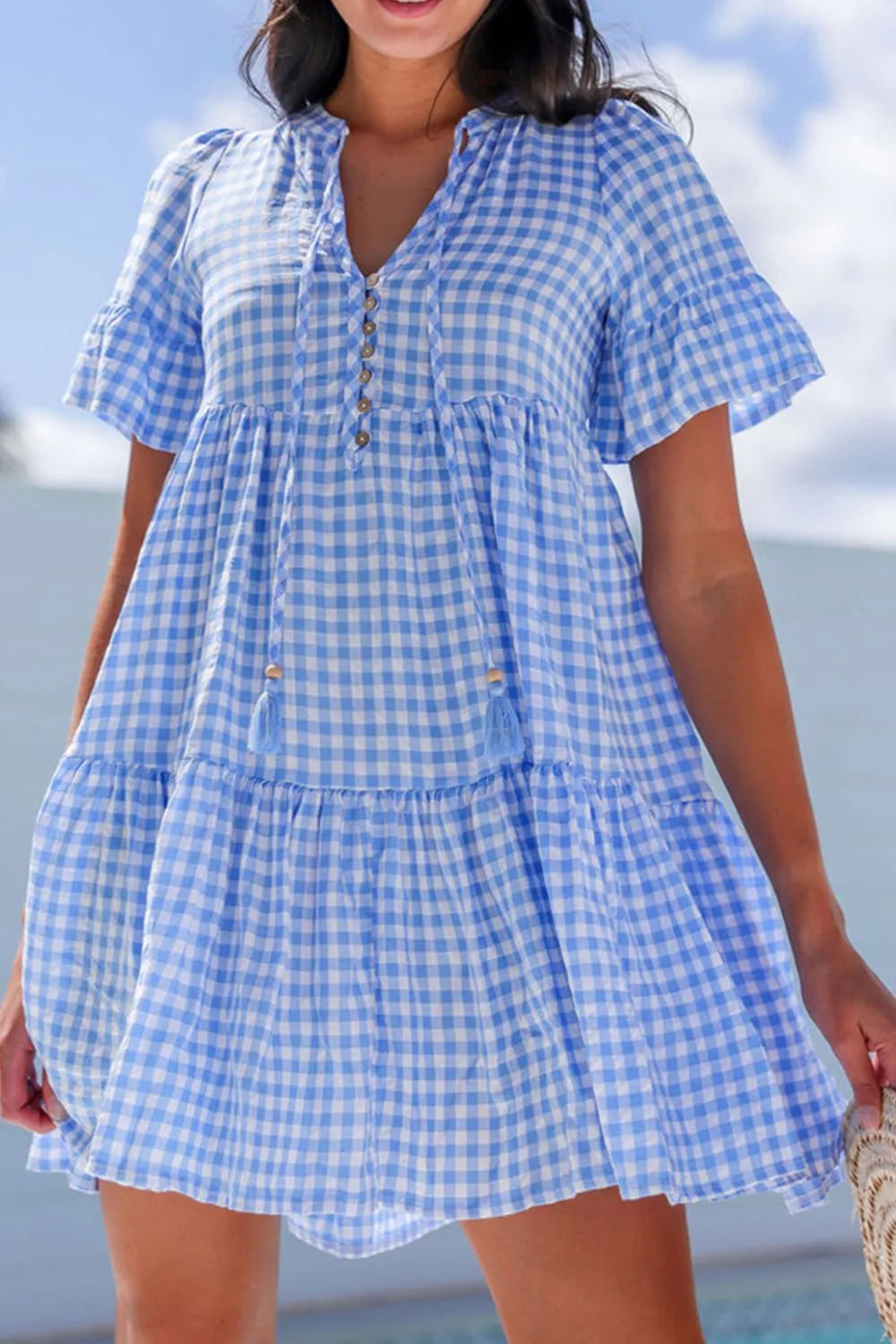 Gingham Short Sleeve Button Tie Split Neck Loose Mini Dress