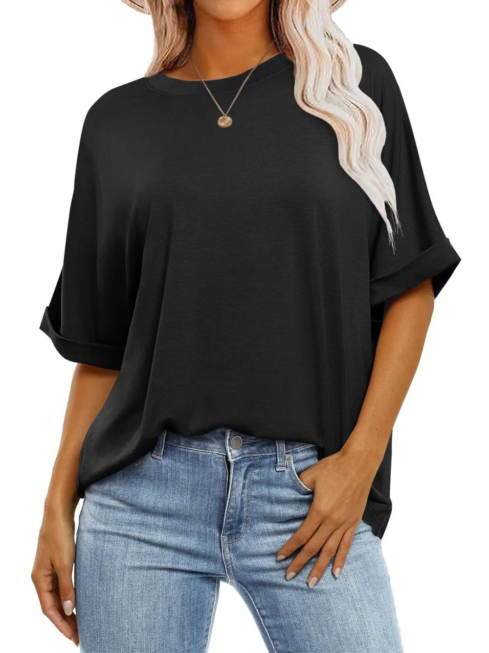 Trendsi Women's Round Neck Half Sleeve T-Shirt - Opaque, Slightly Stretchy, Casual Style