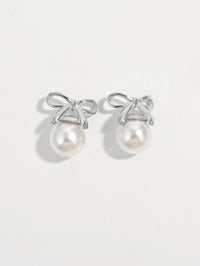 925 Sterling Silver Pearl Bow Earrings