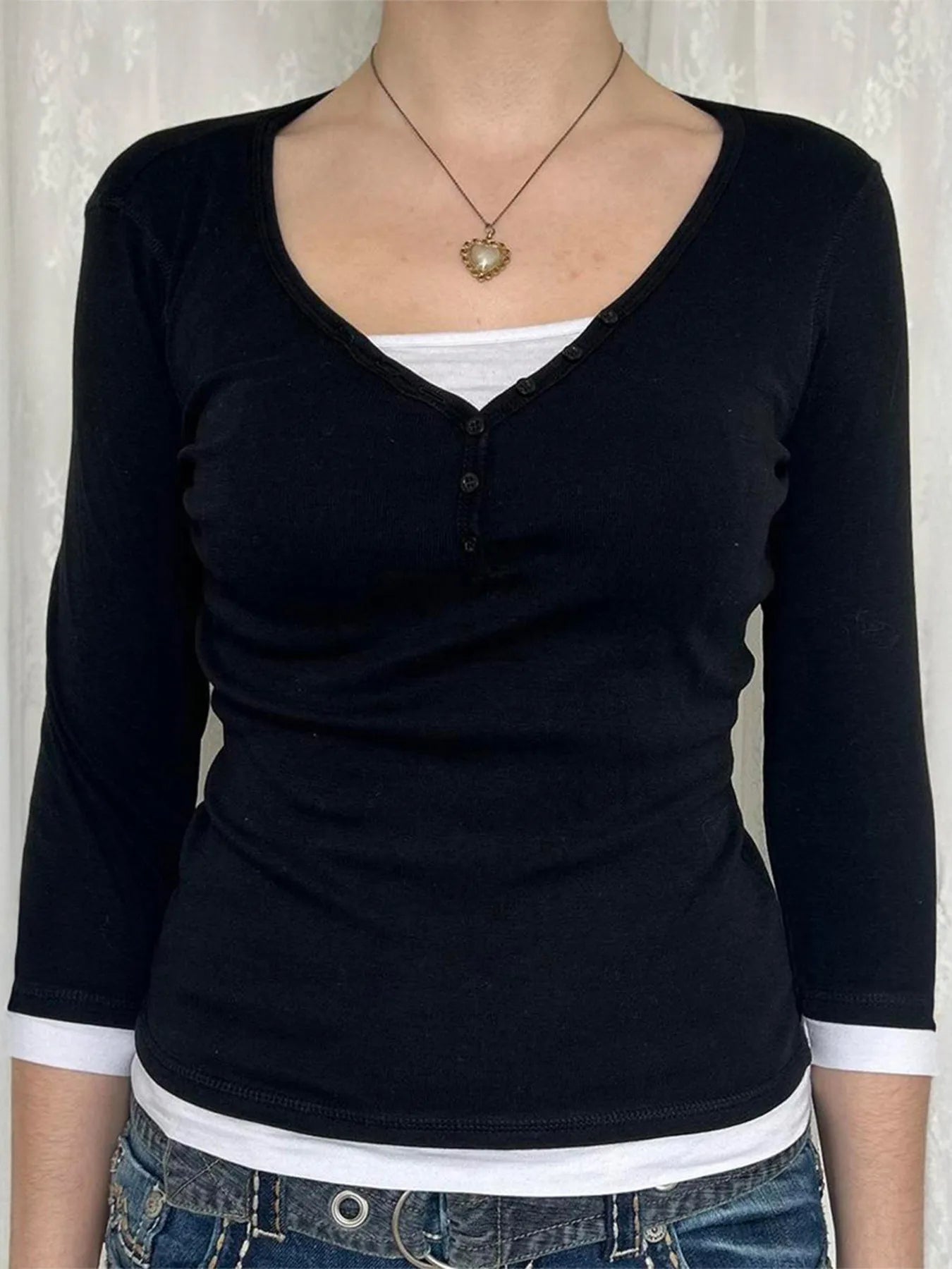 Layered Contrast Trim Long Sleeve T-Shirt for Women - Slightly Stretchy, Buttoned Style