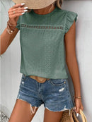 Elegant Eyelet Round Neck Cap Sleeve Top - 95% Polyester, No Stretch, Imported - Store 42