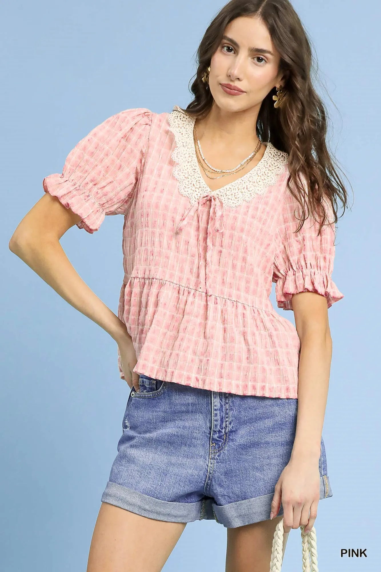 Romantic Pink Gingham Lace Peplum Blouse with Ruffle Hem and Puff Sleeves