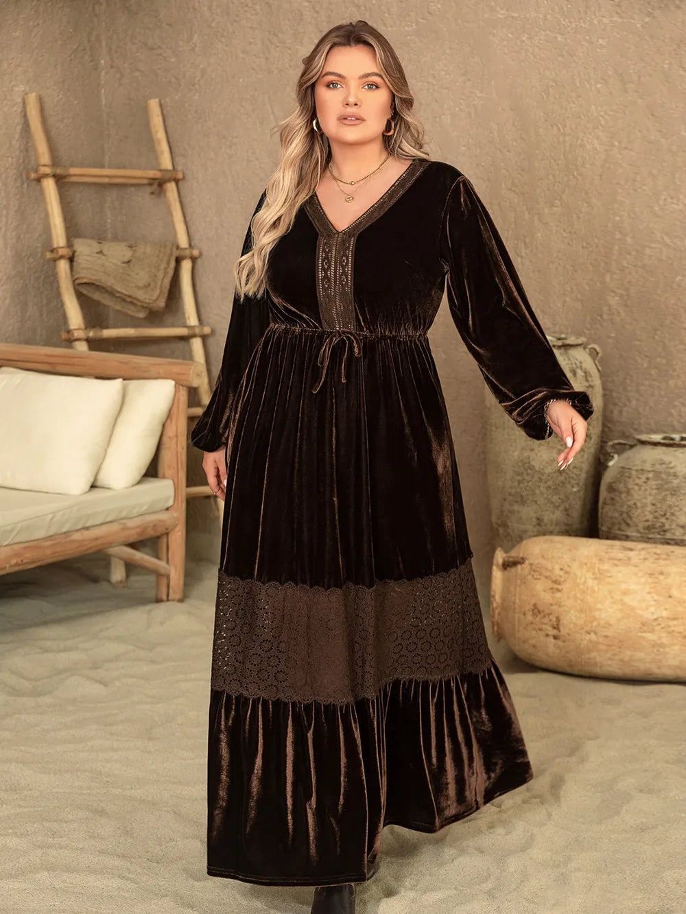 Plus Size V-Neck Balloon Sleeve Maxi Dress, Opaque, 95% Polyester, Stylish and Comfortable
