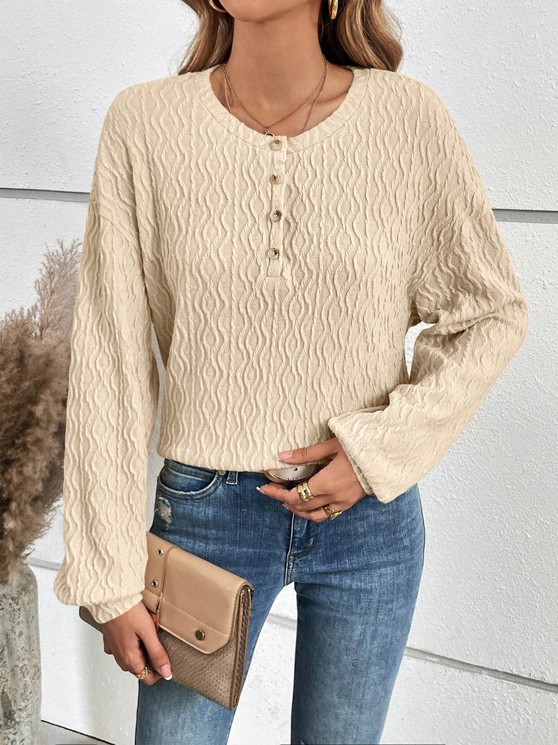 Ivy Lane Half Button Long Sleeve Top - Opaque, Slightly Stretchy, 95% Polyester, 5% Spandex - Store 42