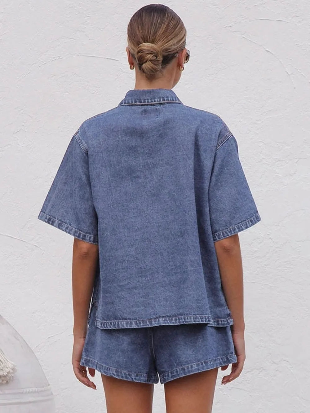 Stylish Collared Neck Button-Up Top & Denim Short Set – 65% Cotton, 2-Piece Summer Outfit