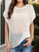 Openwork Round Neck Short Sleeve Cover-Up Cream