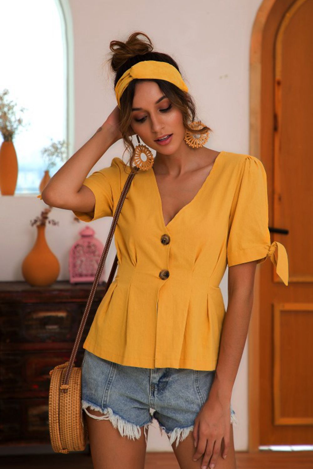 Casual Buttoned V-Neck Short Sleeve Blouse in Solid Color - Soft Stretch Fabric