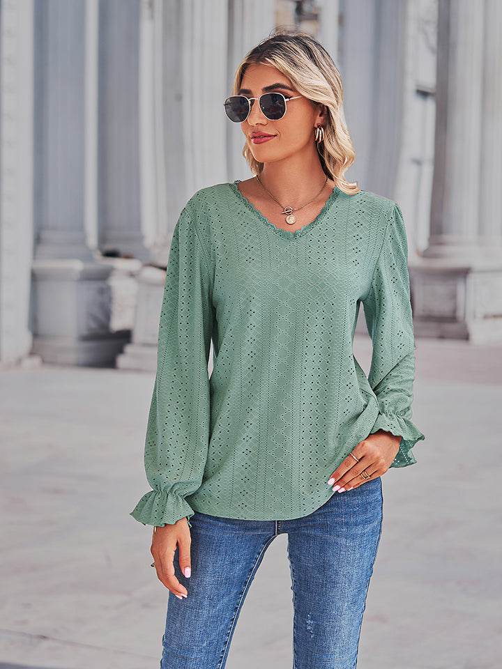 Sleek Eyelet V-Neck Blouse with Flounce Sleeves - Opaque, Slightly Stretchy Cotton Blend