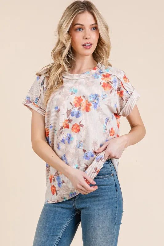 BOMBOM Floral Print Ribbed T-Shirt with Round Neck – Versatile and Chic for Every Occasion