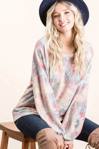BiBi Pastel Tie Dye Top with Puff Sleeves - Soft Cotton, Relaxed Fit, Casual Chic Style - Store 42