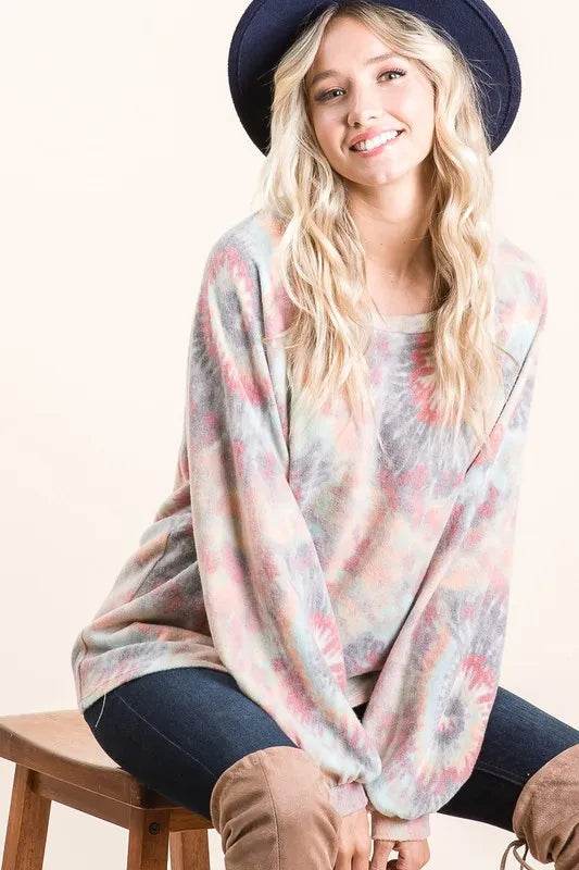 BiBi Pastel Tie Dye Top with Puff Sleeves - Soft Cotton, Relaxed Fit, Casual Chic Style - Store 42