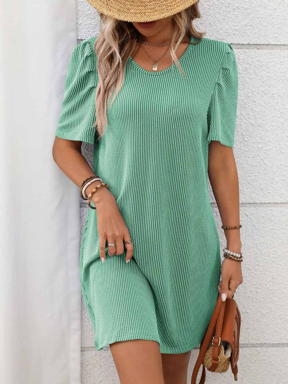 Textured Round Neck Short Sleeve Mini Dress Gum Leaf