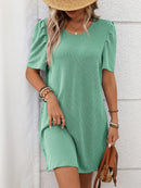 Textured Round Neck Short Sleeve Mini Dress Gum Leaf