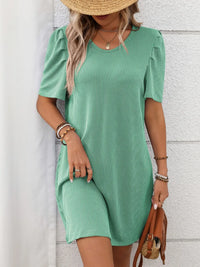 Textured Round Neck Short Sleeve Mini Dress Gum Leaf