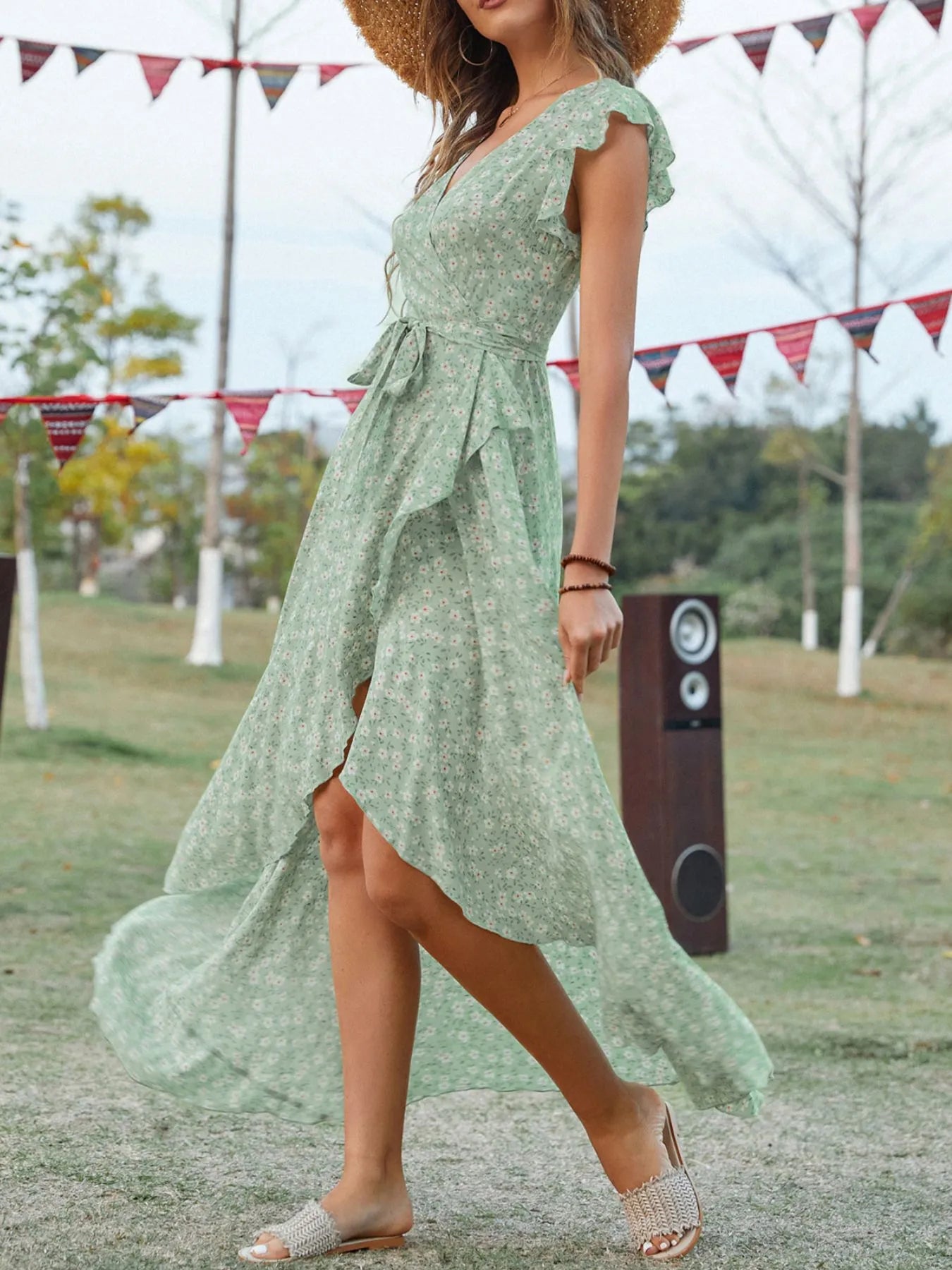 Printed Surplice Ruffle Sleeve Dress