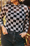 Checkered Mock Neck Long Sleeve Top Black