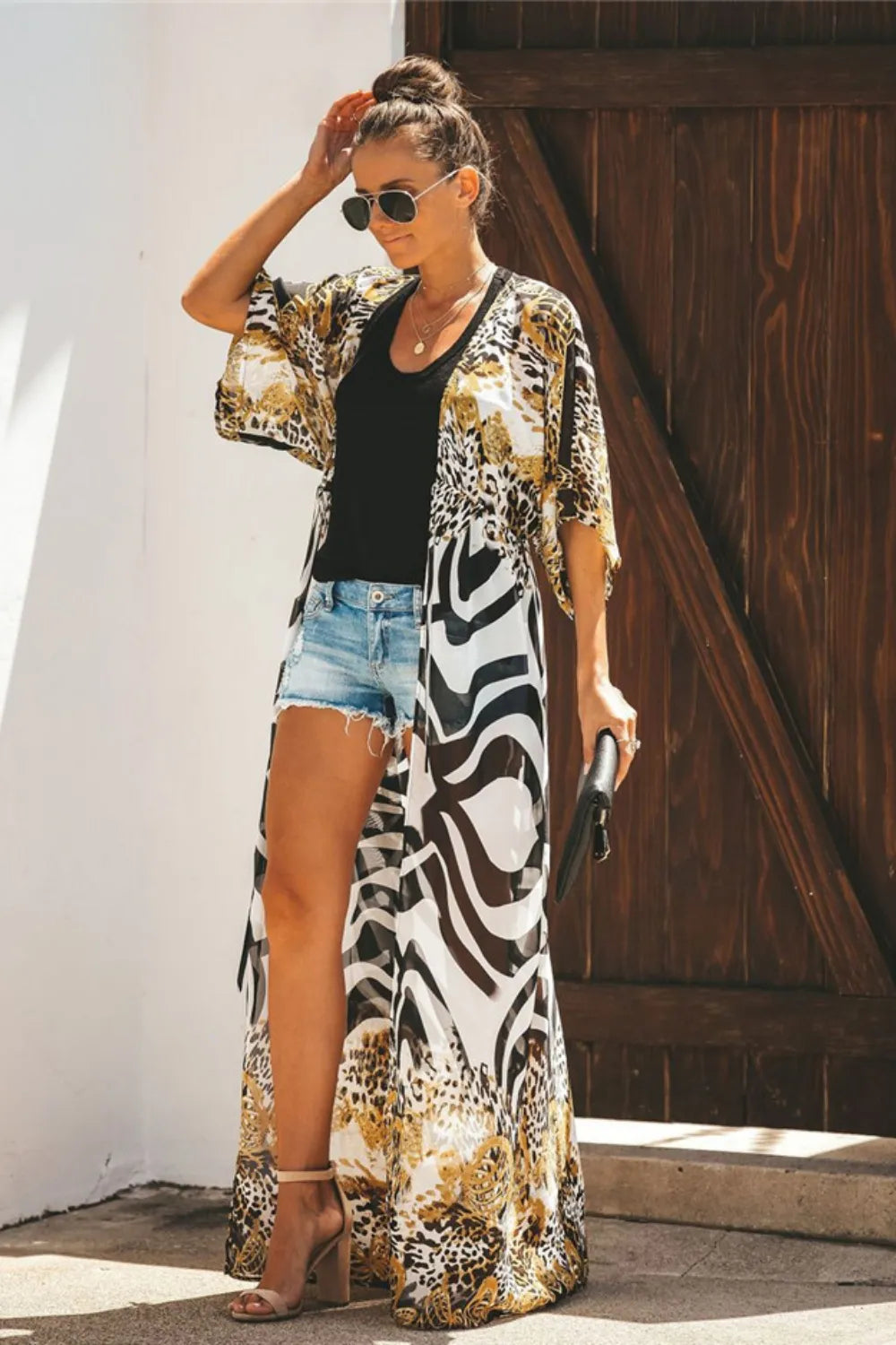 Chic Open Front Leopard Print Cover-Up - Semi-Sheer 100% Polyester, One Size Fits All